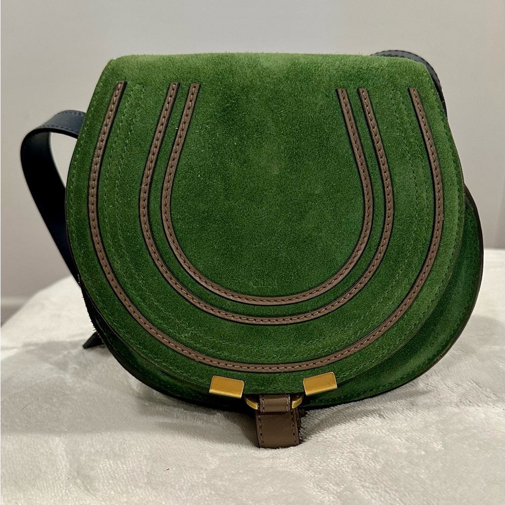 CHLOE Small Marcie Bi-Color Suede/Leather Saddle Bag Green and Blue